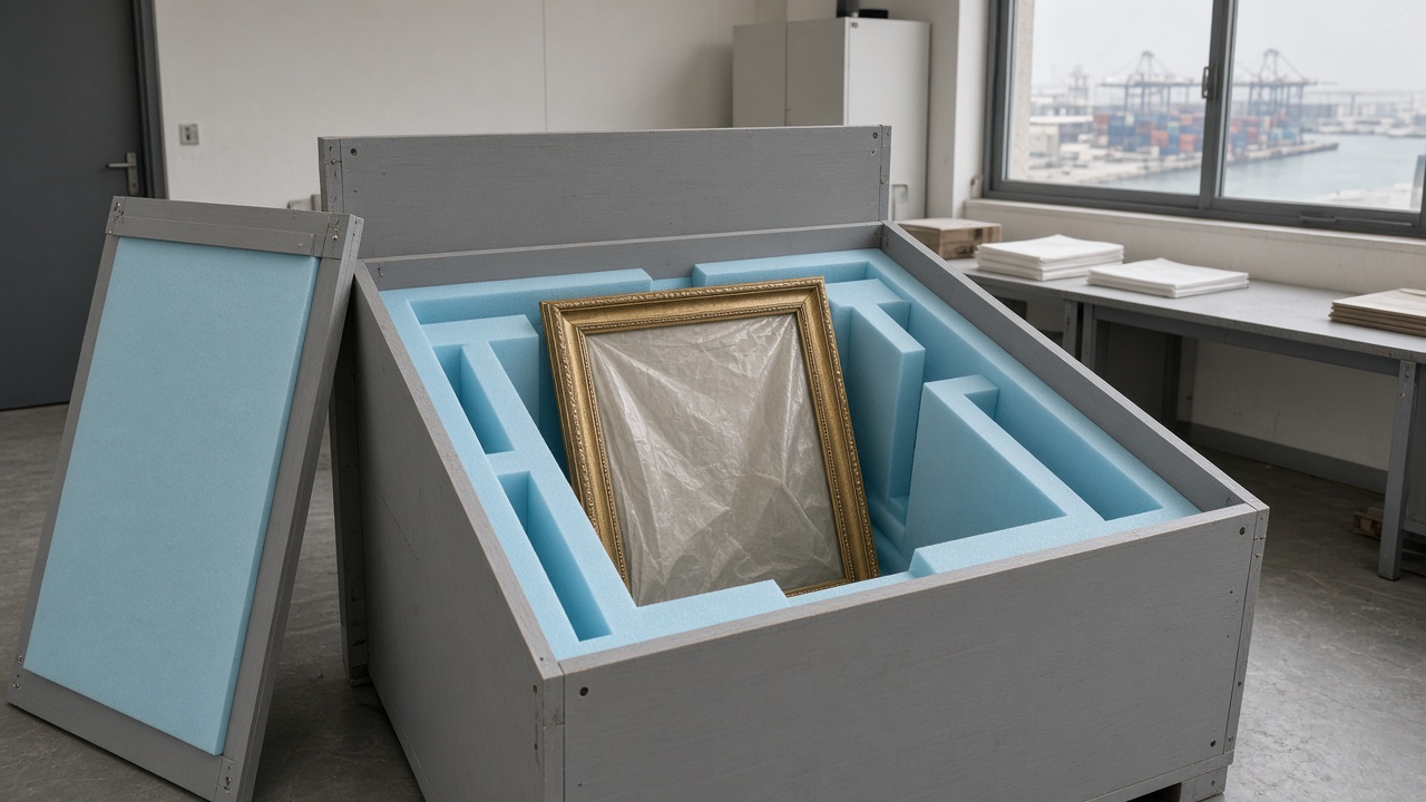 Open grey museum crate with foam interior and a wrapped frame