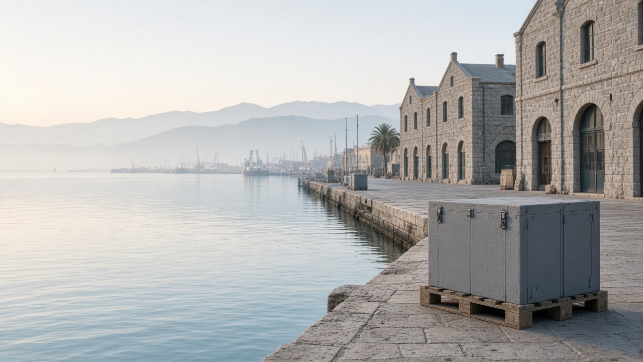 Haifa waterfront dock with a grey museum crate