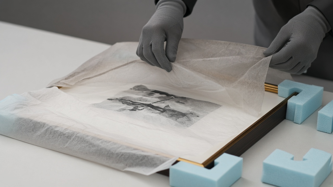 Framed work being wrapped in archival glassine